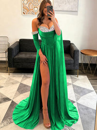 A-Line Glitter Sweetheart Corset Ruched Long Prom Dresses