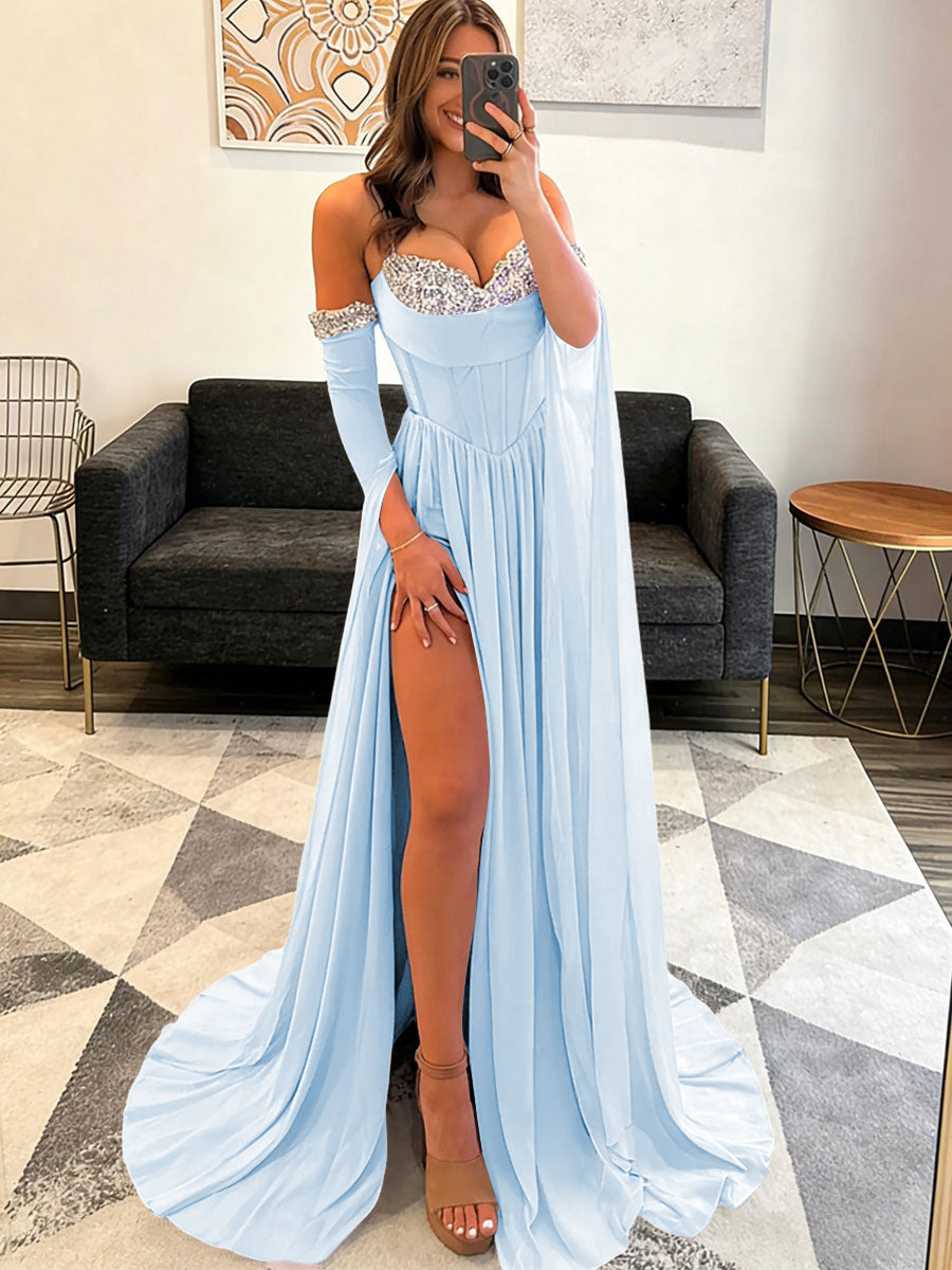 corset ruched maxi dress Shirees Light Blue A-Line Glitter Sweetheart Corset Ruched Long Prom Dresses 2026