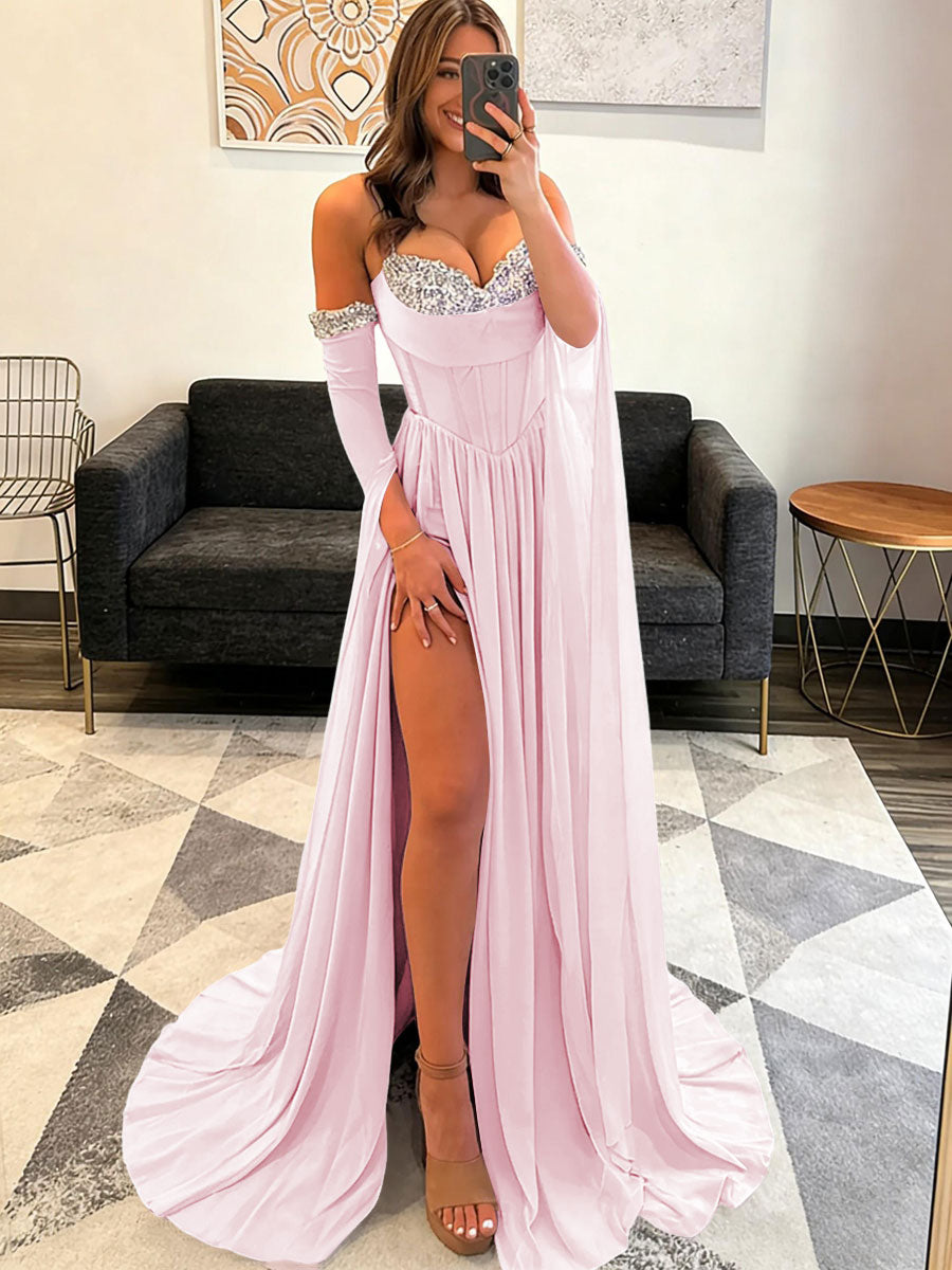 A-Line Glitter Sweetheart Corset Ruched Long Prom Dresses – Shirees
