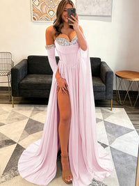 A-Line Glitter Sweetheart Corset Ruched Long Prom Dresses