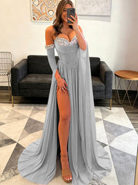 A-Line Glitter Sweetheart Corset Ruched Long Prom Dresses