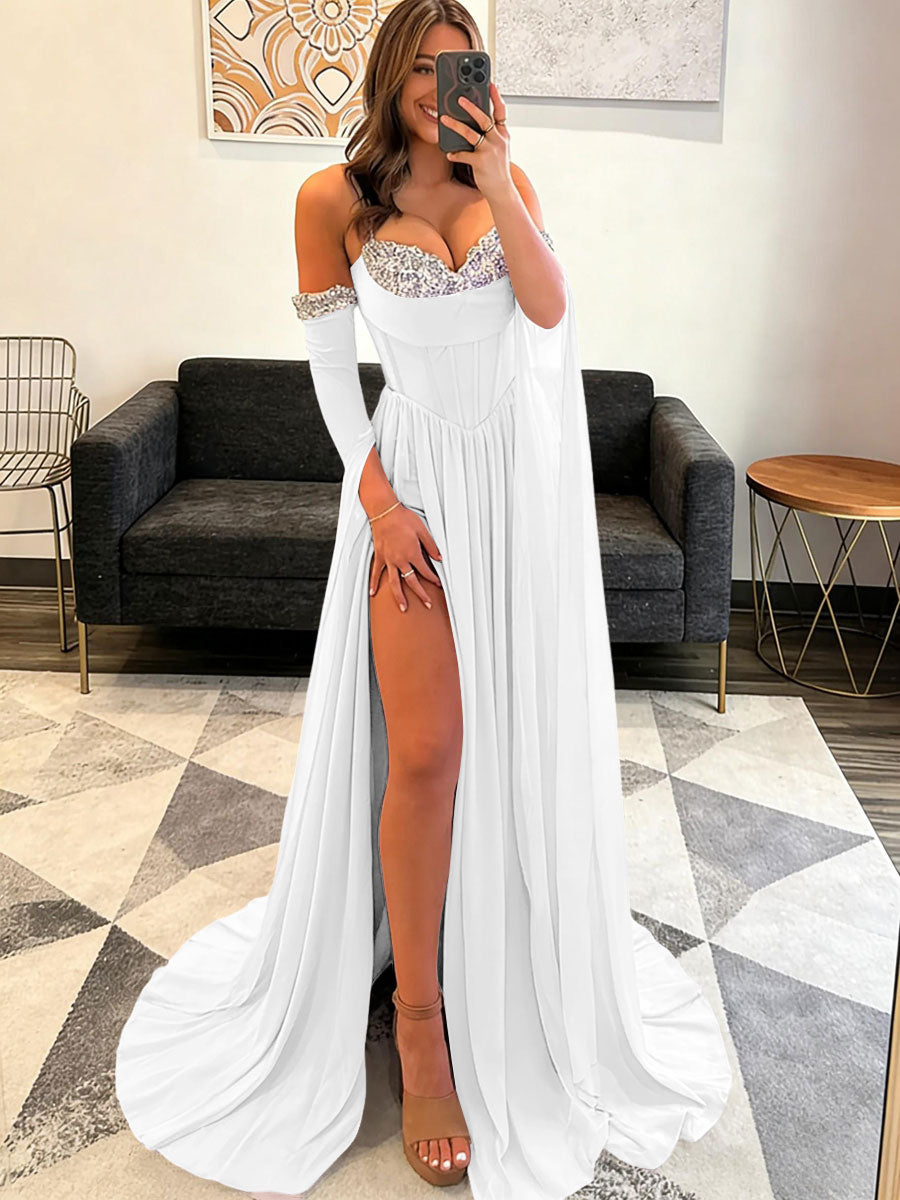A-Line Glitter Sweetheart Corset Ruched Long Prom Dresses