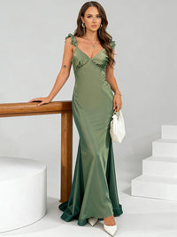 Mermaid/Trumpet Ruffle Spaghetti Strap Satin Long Wedding Guest Dresses