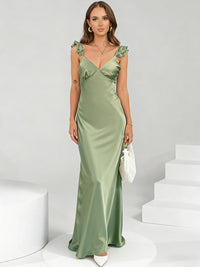 Mermaid/Trumpet Ruffle Spaghetti Strap Satin Long Wedding Guest Dresses
