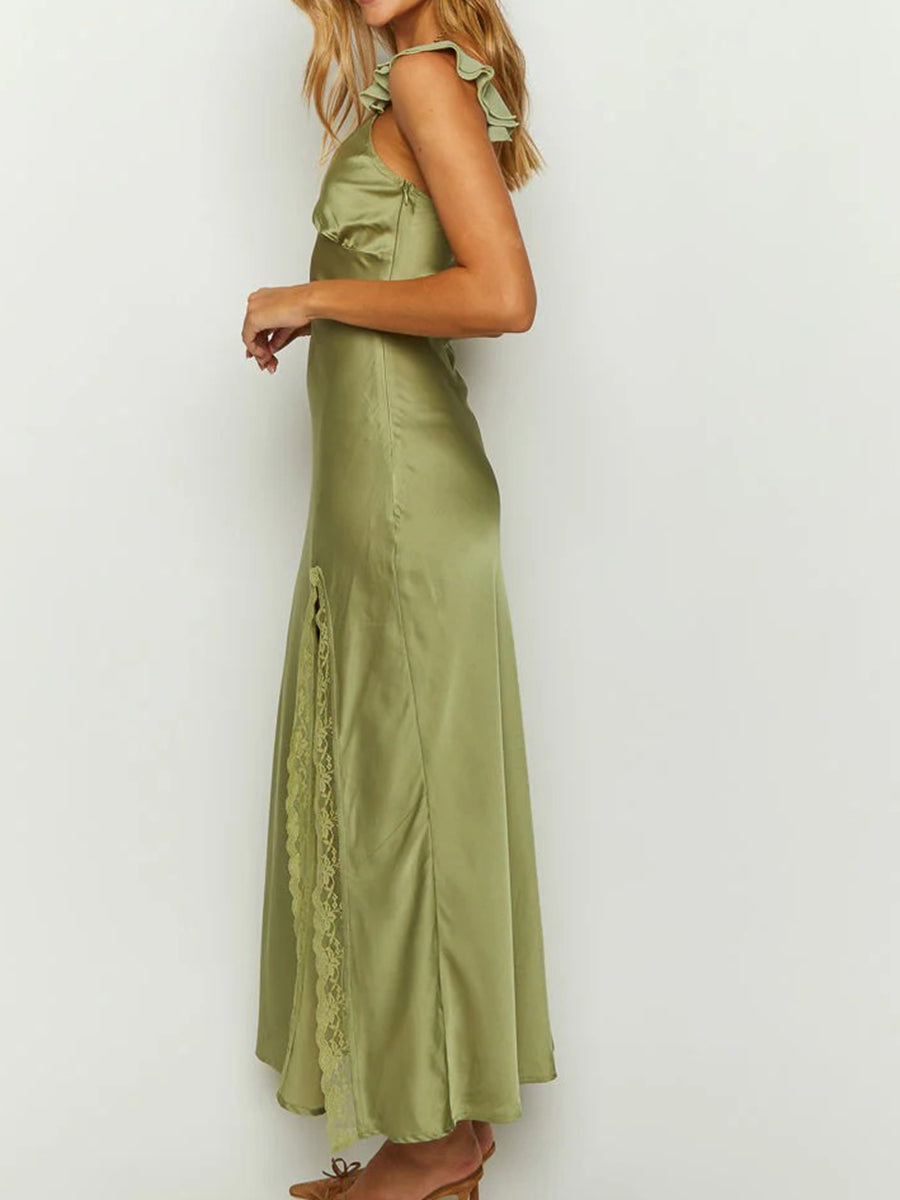 Mermaid/Trumpet Ruffle Spaghetti Strap Satin Long Wedding Guest Dresses