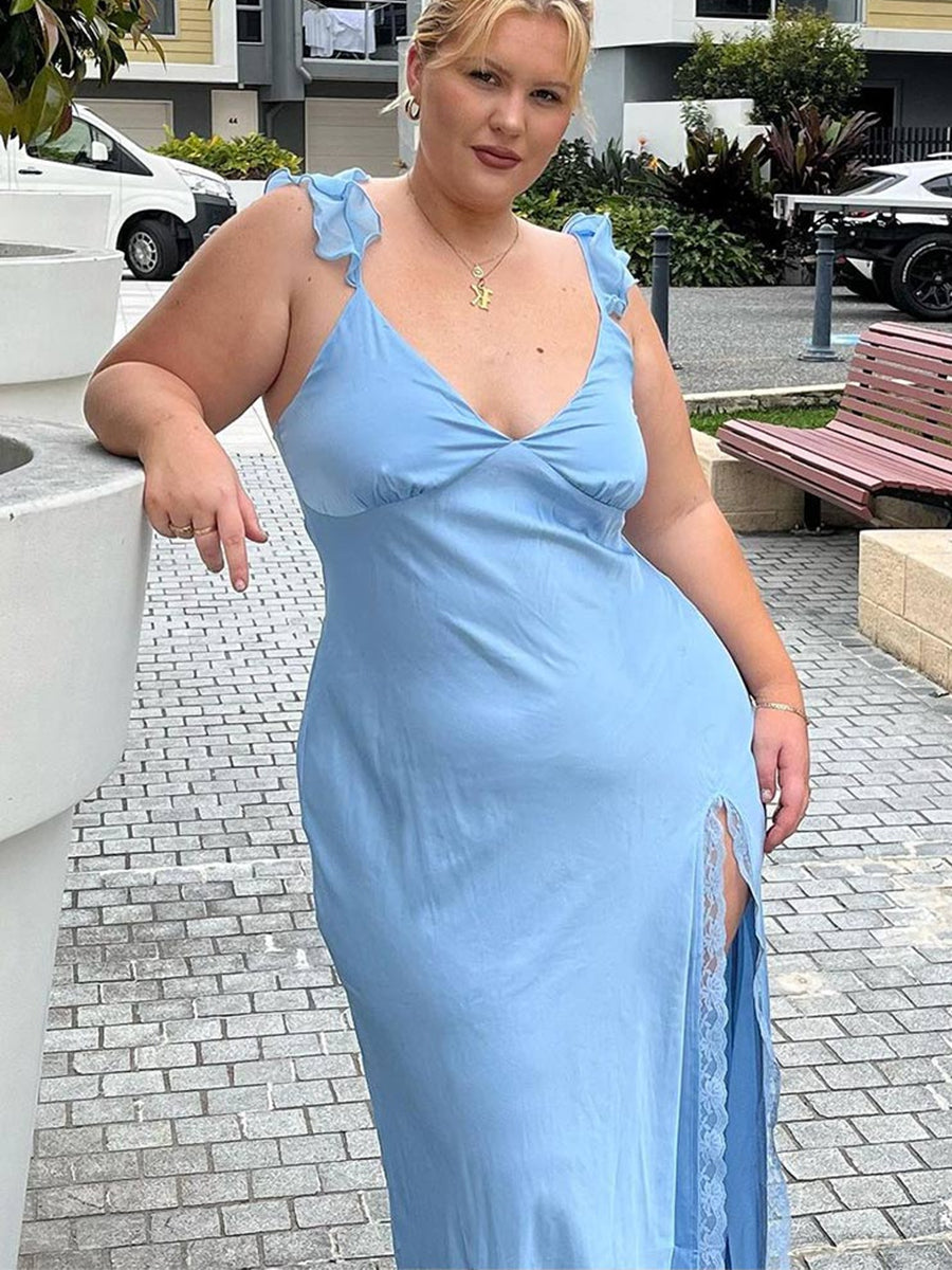 Mermaid/Trumpet Ruffle Spaghetti Strap Satin Long Wedding Guest Dresses
