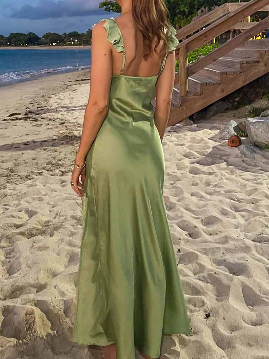 Mermaid/Trumpet Ruffle Spaghetti Strap Satin Long Wedding Guest Dresses