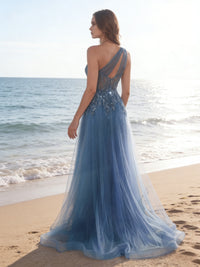 Glitter One Shoulder Sweetheart Long Evening Dresses with Drape