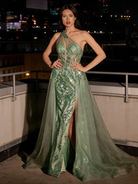 Glitter One Shoulder Sweetheart Long Evening Dresses with Drape