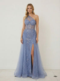 Glitter One Shoulder Sweetheart Long Evening Dresses with Drape
