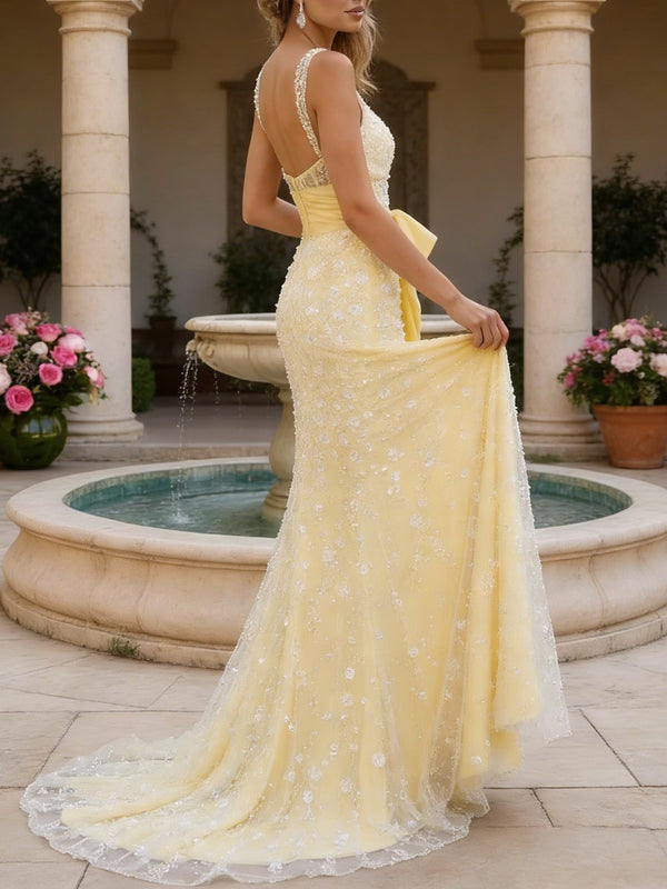 Glitter Sequin Appliques Sweetheart Mermaid Long Prom Dresses with Bow