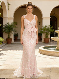 Glitter Sequin Appliques Sweetheart Mermaid Long Evening Dresses with Bow