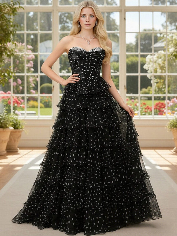 A-Line Strapless Sweetheart Polka Dot Prom Dress with Tiered Ruffles