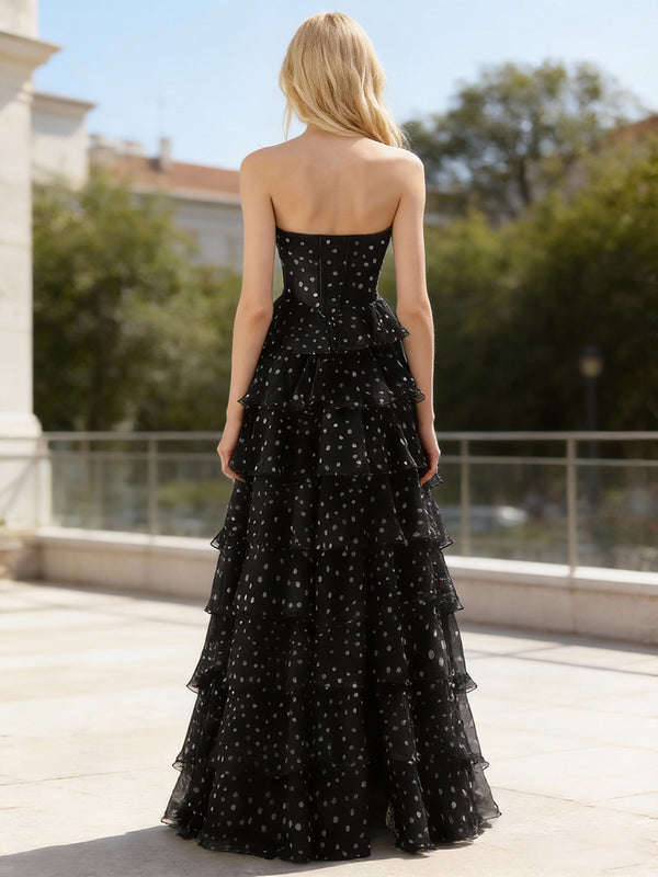 A-Line Strapless Sweetheart Polka Dot Prom Dress with Tiered Ruffles