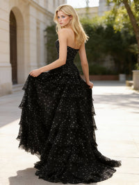 A-Line Strapless Sweetheart Polka Dot Prom Dress with Tiered Ruffles