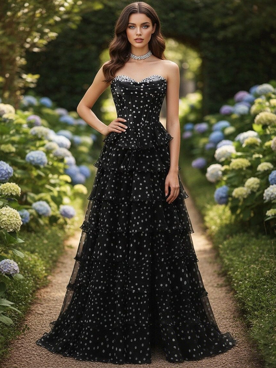 A-Line Strapless Sweetheart Polka Dot Prom Dress with Tiered Ruffles
