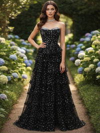 A-Line Strapless Sweetheart Polka Dot Prom Dress with Tiered Ruffles