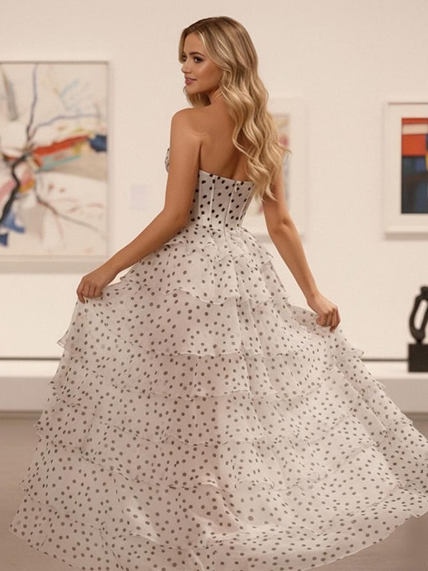 A-Line Strapless Sweetheart Tiered Ruffle Polka Dot Prom Dress with Slit