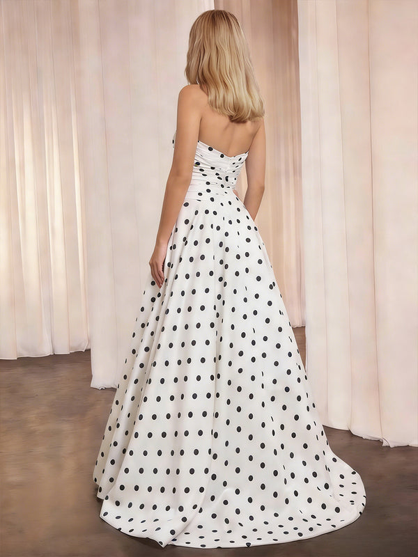 Cut-Out A-Line Strapless Sweetheart Polka Dot Long Prom Dress with Bows