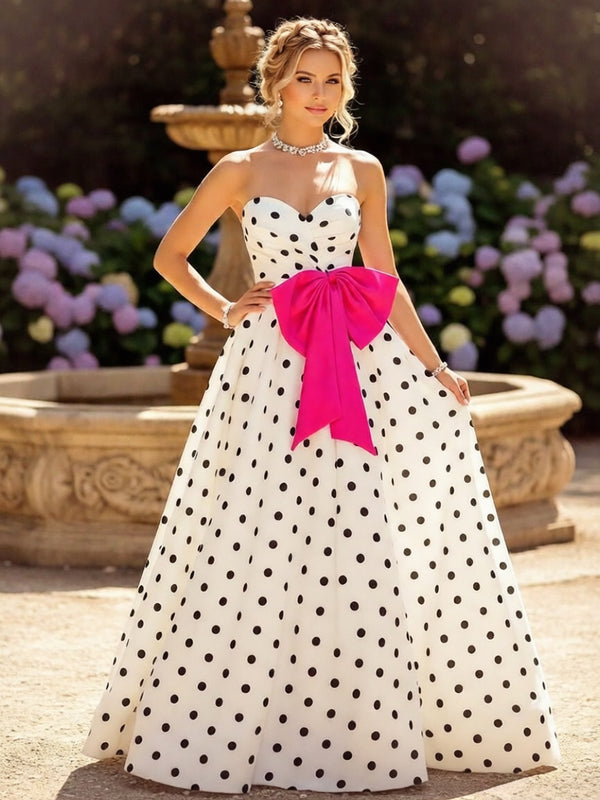 Sweetheart A-Line Strapless Polka Dot Long Prom Dress with Waist Bows