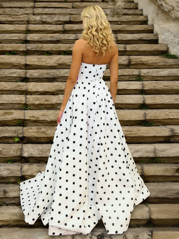 Sweetheart A-Line Strapless Polka Dot Long Prom Dress with Waist Bows