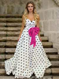 Sweetheart A-Line Strapless Polka Dot Long Prom Dress with Waist Bows
