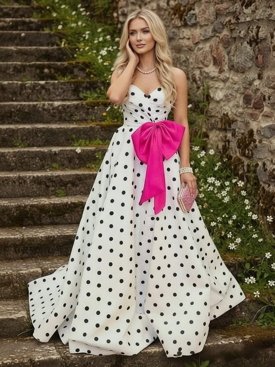 Sweetheart A-Line Strapless Polka Dot Long Prom Dress with Waist Bows