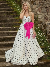 Sweetheart A-Line Strapless Polka Dot Long Prom Dress with Waist Bows