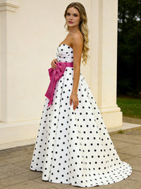Sweetheart A-Line Strapless Polka Dot Long Prom Dress with Waist Bows