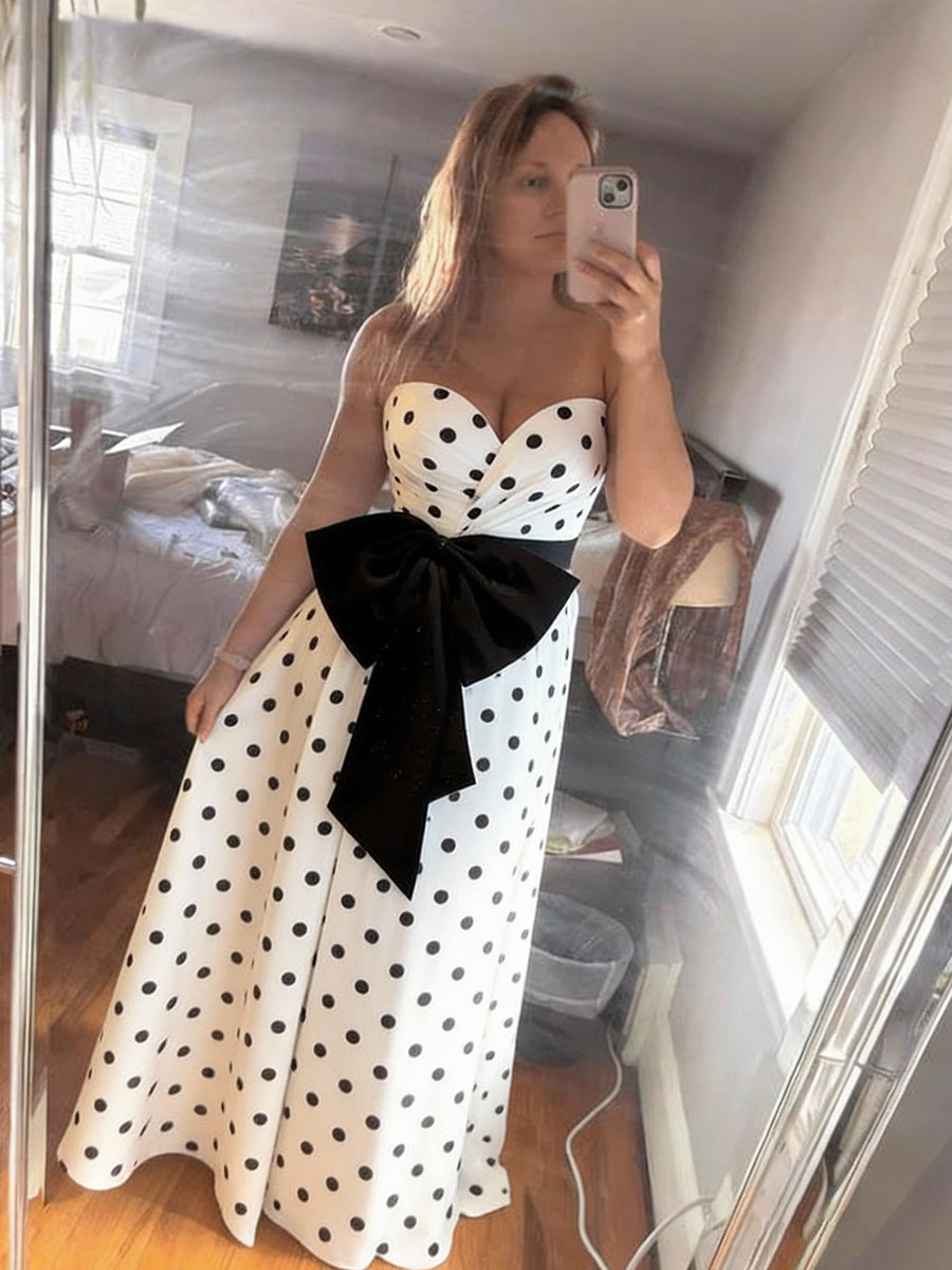 Sweetheart A-Line Strapless Polka Dot Long Prom Dress with Waist Bows