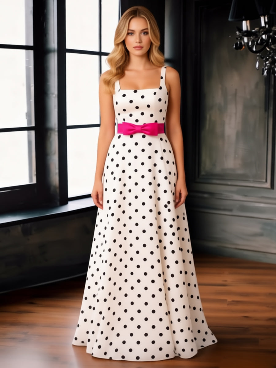 Square Neck A-Line Polka Dot Long Prom Dress with Waist Bows