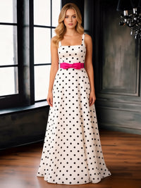 Square Neck A-Line Polka Dot Long Prom Dress with Waist Bows