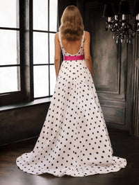 Square Neck A-Line Polka Dot Long Prom Dress with Waist Bows