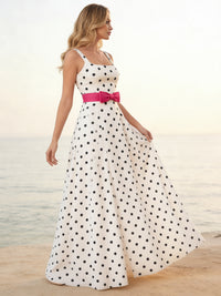 Square Neck A-Line Polka Dot Long Prom Dress with Waist Bows