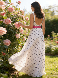 Square Neck A-Line Polka Dot Long Prom Dress with Waist Bows