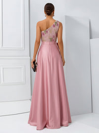 A-Line One Shoulder Floral Long Evening Dress Ball Gowns with Bow