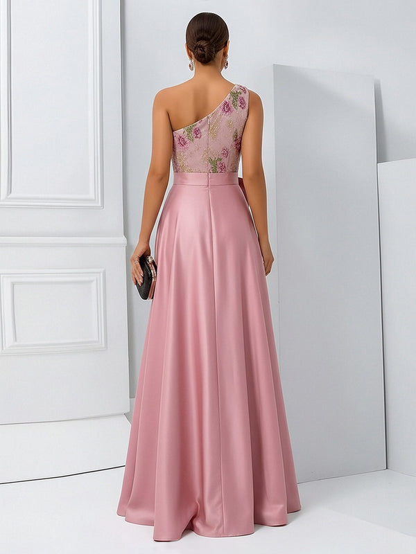 A-Line One Shoulder Floral Long Evening Dress Ball Gowns with Bow