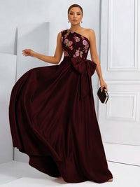 A-Line One Shoulder Floral Long Evening Dress Ball Gowns with Bow
