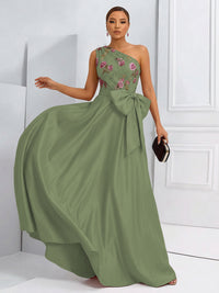 A-Line One Shoulder Floral Long Evening Dress Ball Gowns with Bow