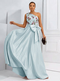 A-Line One Shoulder Floral Long Evening Dress Ball Gowns with Bow