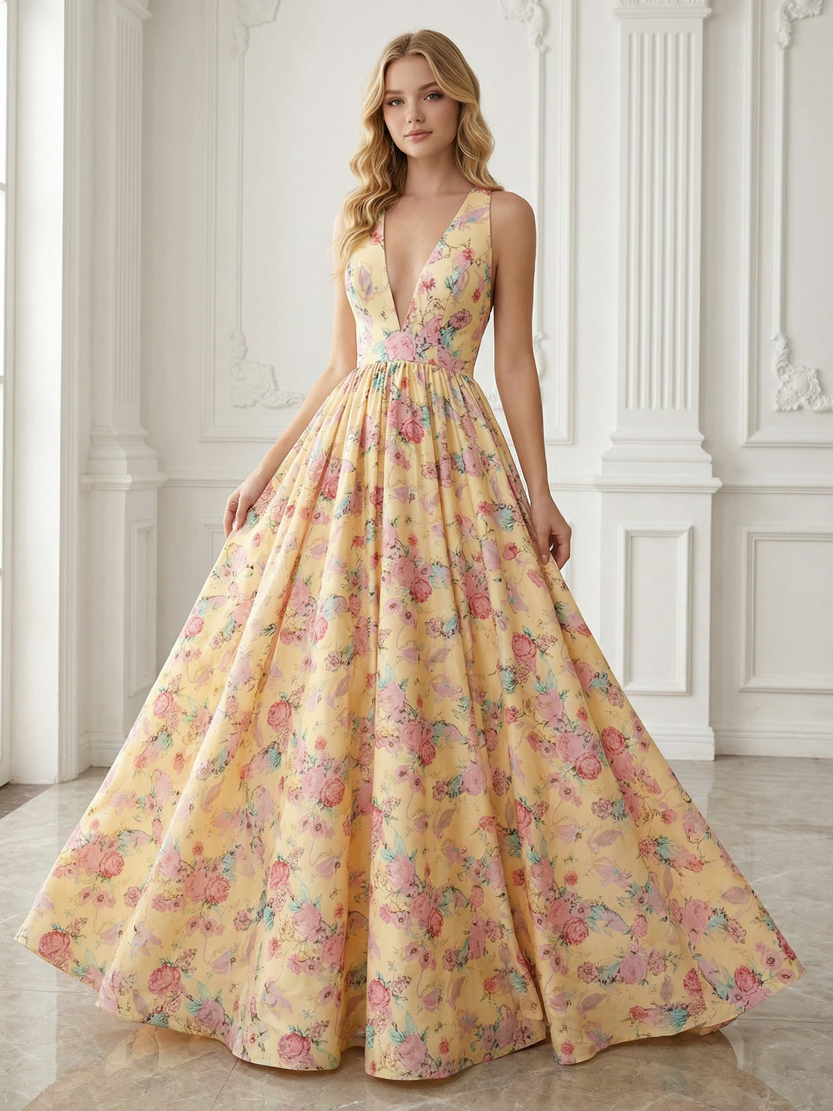 Floral A-Line V-Neck Corset Floor-Length Prom Dress Ball Gowns