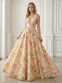 Floral A-Line V-Neck Corset Floor-Length Prom Dress Ball Gowns