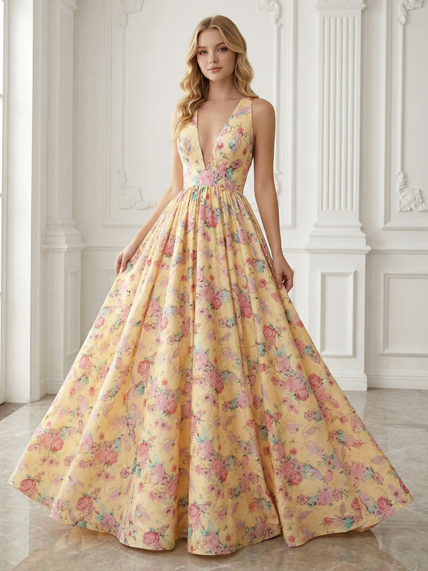 Floral A-Line V-Neck Corset Floor-Length Prom Dress Ball Gowns