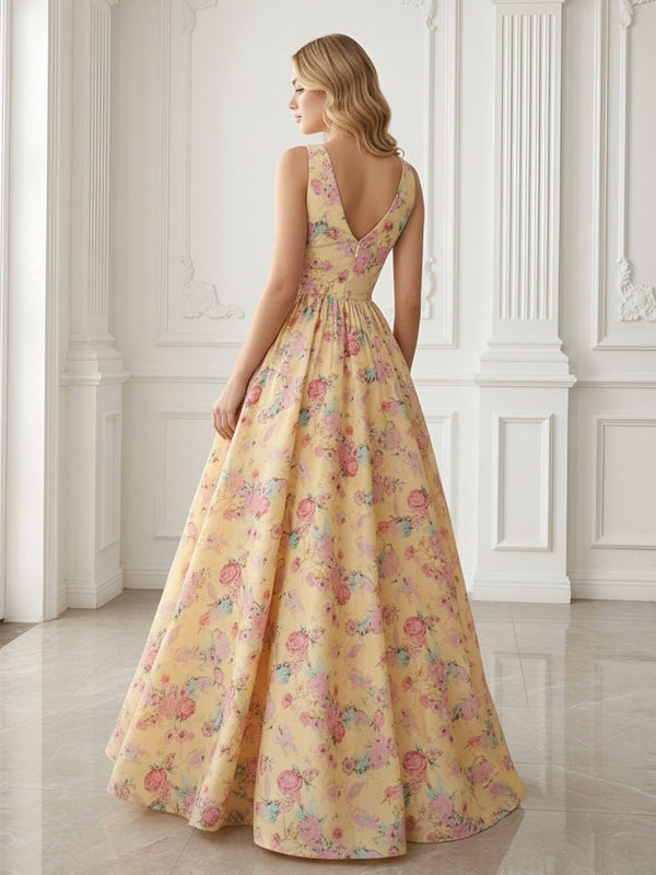 Floral A-Line V-Neck Corset Floor-Length Prom Dress Ball Gowns