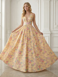 Floral A-Line V-Neck Corset Floor-Length Prom Dress Ball Gowns