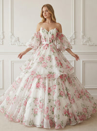Floral A-Line V-Neck Tiered Floor-Length Prom Dress Off-Shoulder Fairy Long Dresses