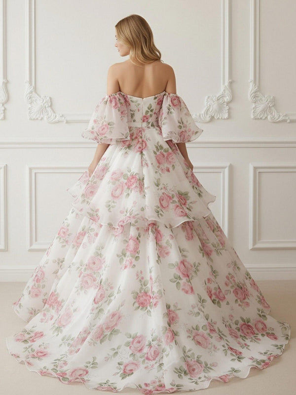 Floral A-Line V-Neck Tiered Floor-Length Prom Dress Off-Shoulder Fairy Long Dresses