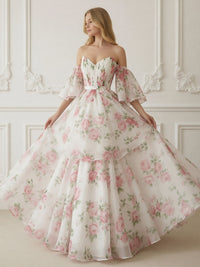 Floral A-Line V-Neck Tiered Floor-Length Prom Dress Off-Shoulder Fairy Long Dresses