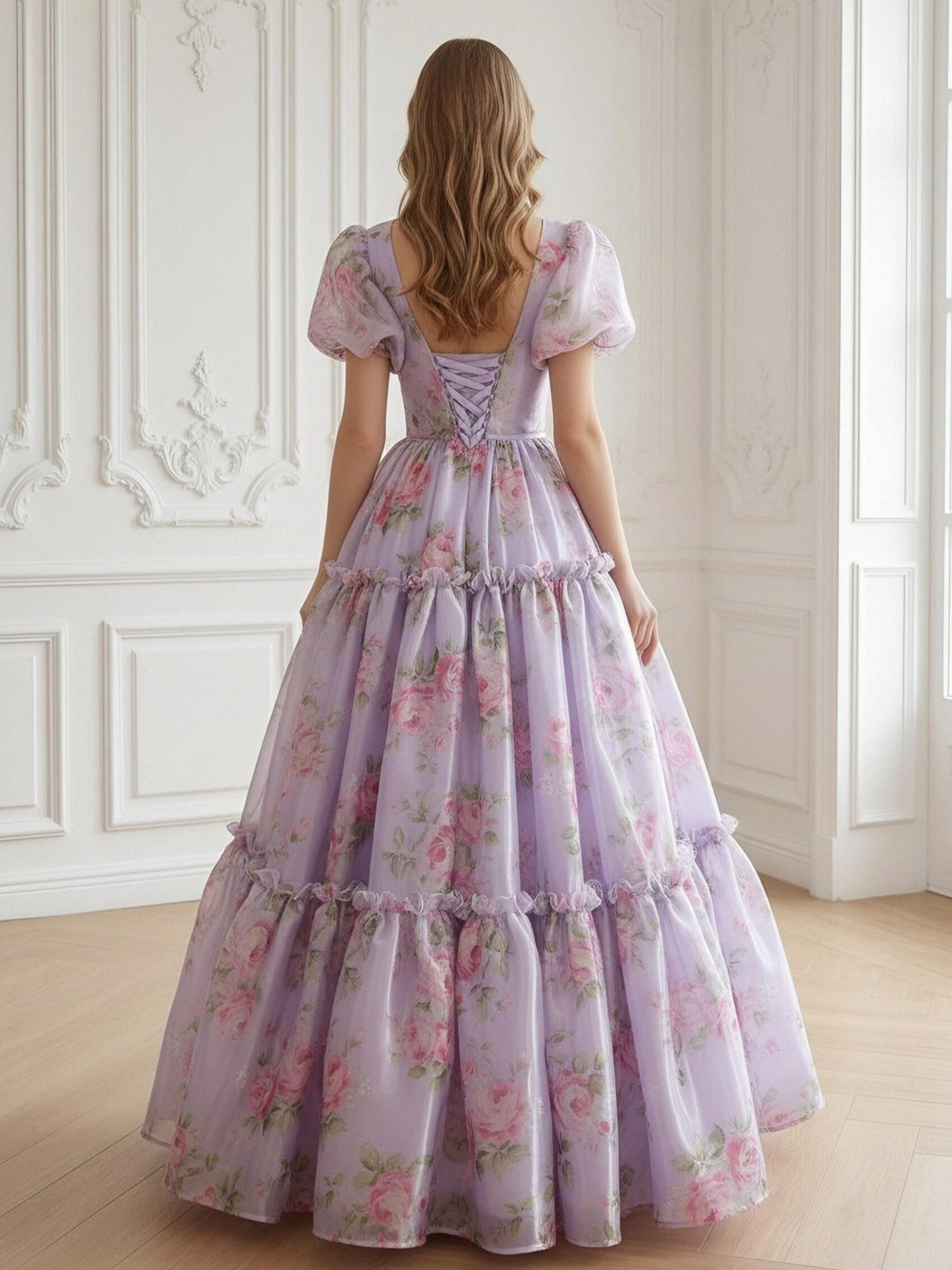 Flower Chiffon Puffy Sleeve V-Neck Floor-Length Prom Dress Bow Fairy Long Dresses