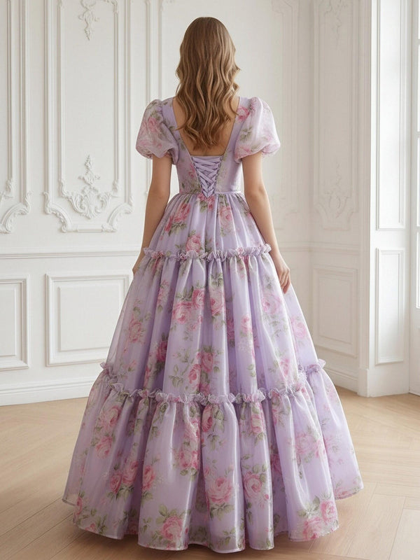 Flower Chiffon Puffy Sleeve V-Neck Floor-Length Prom Dress Bow Fairy Long Dresses
